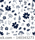 Hand drawn flowers and leaves seamless pattern on navy blue color,design for fabric,textile,apparel,wallpaper and all print 140343273