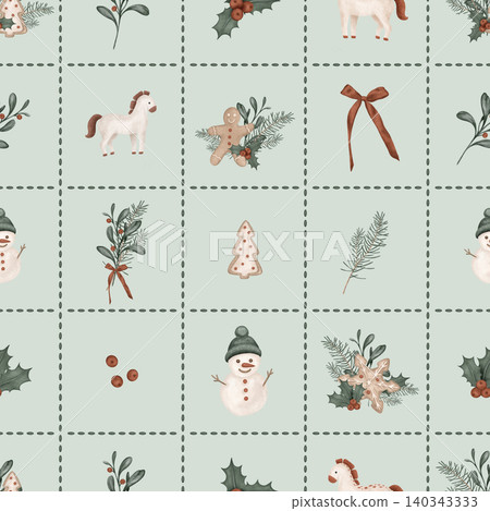 Christmas seamless pattern with horses, pine branches, for tree, bow. Repeat ornament with illustration holly and red berries and sweet cookie gingerbread and snowman on checkered background Christmas seamless pattern with horses, pine branches, for tree, bow. Repeat ornament with illustration holly and red berries and sweet cookie gingerbread and snowman on checkered background 140343333