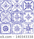 Seamless pattern of traditional Portuguese azulejo tiles.The design consists of various blue and white hand-drawn floral and geometric motifs. Mediterranean, Portuguese and Spanish ceramic traditions. 140343338