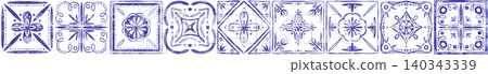 Seamless border of traditional Portuguese azulejo tiles.The design consists of various blue and white hand-drawn floral and geometric motifs. Mediterranean, Portuguese and Spanish ceramic traditions. Seamless border of traditional Portuguese azulejo tiles.The design consists of various blue and white hand-drawn floral and geometric motifs. Mediterranean, Portuguese and Spanish ceramic traditions. 140343339