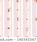 Vintage-style Teddy Bear seamless pattern with delicate pink ribbon frames and heart. Hand drawn watercolor illustration. Cute background with animals for nursery wallpaper or childish textile design 140343347
