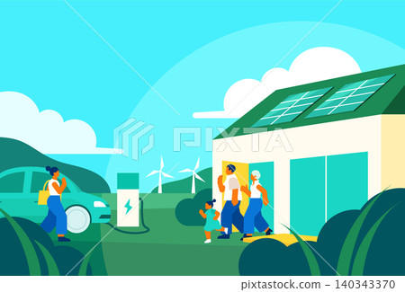 插圖展現了不同家庭享受太陽能房屋和電動車帶來的美好生活。 插圖展現了不同家庭享受太陽能房屋和電動車帶來的美好生活。 140343370
