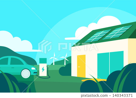 圖中展示了一個住宅區,其中的房屋都配備了太陽能板和電動車充電站。 圖中展示了一個住宅區,其中的房屋都配備了太陽能板和電動車充電站。 140343371