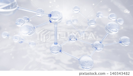 Chemical atom 3d background with light blue molecular chains and spheres for science visualization. Clear gel serum texture, cosmetic moisture essence, liquid bubbles for skincare ads. 3D illustration Chemical atom 3d background with light blue molecular chains and spheres for science visualization. Clear gel serum texture, cosmetic moisture essence, liquid bubbles for skincare ads. 3D illustration 140343482