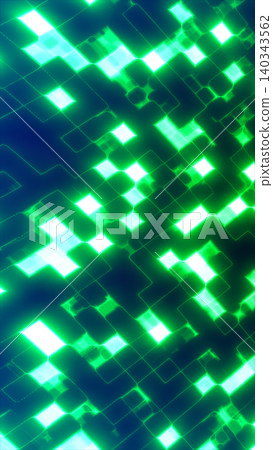 Abstract green pixel grid with glowing geometric blocks and bright digital squares on a deep blue background 140343562