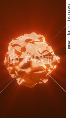 Glowing orange abstract sphere with folded metallic texture and radiant light on a warm futuristic background. 140343563