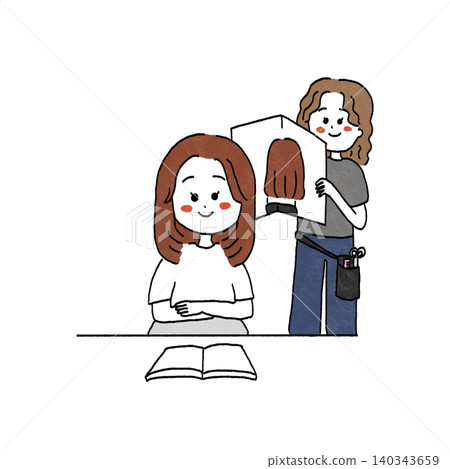 插圖描繪了一位女士在美容院剪頭髮的場景。 插圖描繪了一位女士在美容院剪頭髮的場景。 140343659