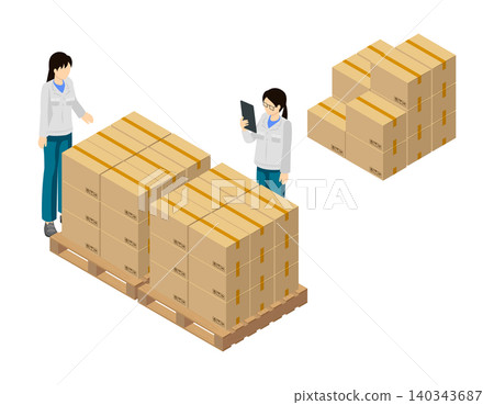 工人們正在物流倉庫中檢查堆放在托盤上的紙箱。 工人們正在物流倉庫中檢查堆放在托盤上的紙箱。 140343687
