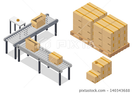 Background material featuring a factory conveyor belt and cardboard boxes stacked on pallets. Background material featuring a factory conveyor belt and cardboard boxes stacked on pallets. 140343688