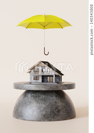 A small house sits on a grey circular base. Above it, a yellow umbrella is hanging by a hook. This scene illustrates the concept of house insurance protection 140343808