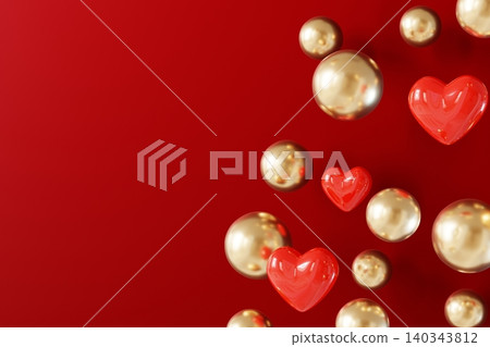 Red background features floating hearts and golden bubbles. The shapes vary in size and are spaced out to leave room for text. This creates a playful and festive look 140343812