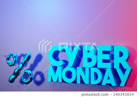 A 3D render shows large blue text reading Cyber Monday. The background has soft purple and blue colors. There are visual elements related to discount symbols nearby A 3D render shows large blue text reading Cyber Monday. The background has soft purple and blue colors. There are visual elements related to discount symbols nearby 140343814