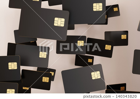 Multiple black credit cards are shown falling in a 3D environment. Each card has a gold chip. The background is light and simple, providing focus on the cards Multiple black credit cards are shown falling in a 3D environment. Each card has a gold chip. The background is light and simple, providing focus on the cards 140343820