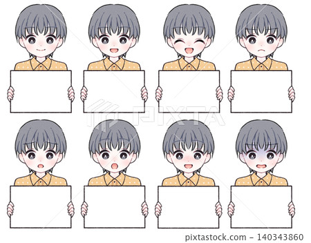 [8 facial expressions] Illustration set of a boy holding a white plate E 140343860