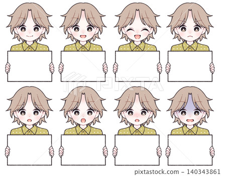 [8種面部表情] 男孩手持白色盤子的插圖 A 140343861