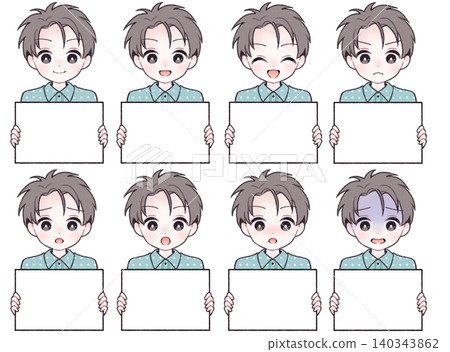 [8種面部表情] 男孩手持白色盤子的插圖集 B 140343862