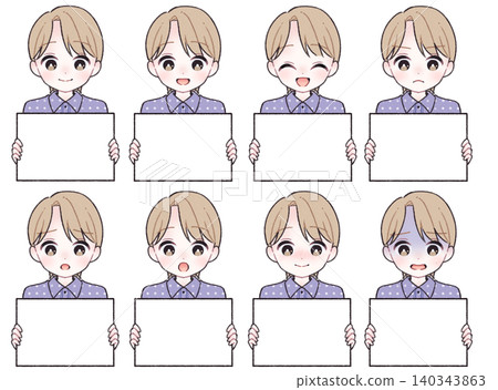 [8種面部表情] 男孩手持白色盤子的插圖 C 140343863