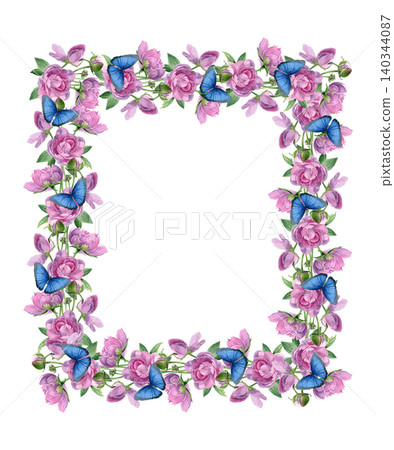 Watercolor floral frame with pink peonies, buds, green leaves and blue butterflies in romantic botanical style. Perfect for wedding invites, logos, greeting cards, branding and decor. Watercolor floral frame with pink peonies, buds, green leaves and blue butterflies in romantic botanical style. Perfect for wedding invites, logos, greeting cards, branding and decor. 140344087