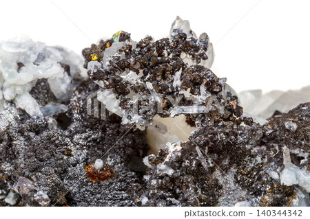 Macro mineral stone Drusus quartz with sphalerite in the rock a white background 140344342