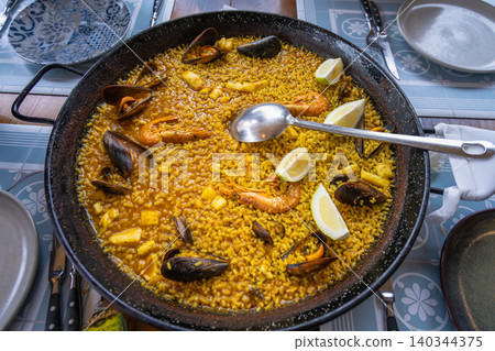 Traditional Seafood Paella in Peniscola Spain Traditional Seafood Paella in Peniscola Spain 140344375