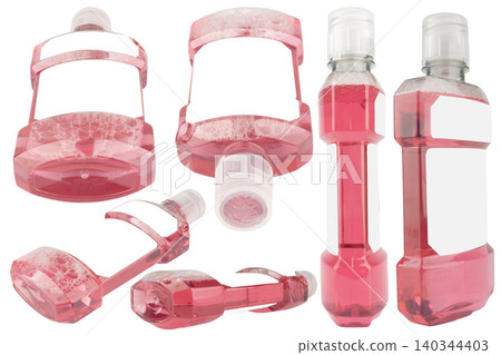 Pink mouthwash bottle isolated on a white background Pink mouthwash bottle isolated on a white background 140344403
