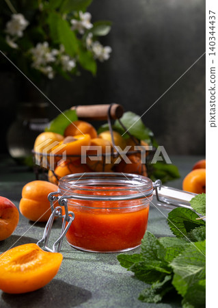 Homemade apricot jam in jar with fresh fruit Homemade apricot jam in jar with fresh fruit 140344437