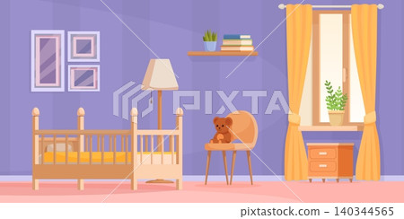 Nursery room interior. Empty newborn baby area with bed, chair, lamp, bear toy. Zone for future toddler in unisex color. Cozy furniture, sapid vector illustration Nursery room interior. Empty newborn baby area with bed, chair, lamp, bear toy. Zone for future toddler in unisex color. Cozy furniture, sapid vector illustration 140344565