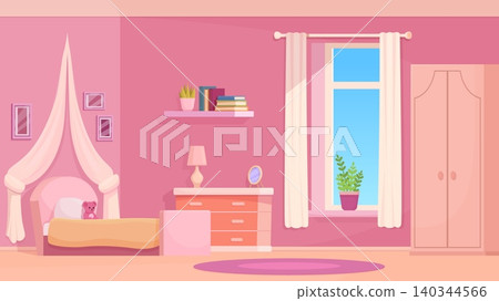 Girl bedroom interior. Little princess room in pink colors. Sleeping area with bed, cabinet, toy bear, lamp. Female child furniture, toddler zone, sapid vector scene Girl bedroom interior. Little princess room in pink colors. Sleeping area with bed, cabinet, toy bear, lamp. Female child furniture, toddler zone, sapid vector scene 140344566