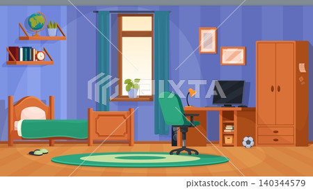 Teen boy bedroom interior. Teenager room with bed, computer zone for game and study, cabinet. Cartoon young boys zone for life and hobby, sapid vector scene Teen boy bedroom interior. Teenager room with bed, computer zone for game and study, cabinet. Cartoon young boys zone for life and hobby, sapid vector scene 140344579