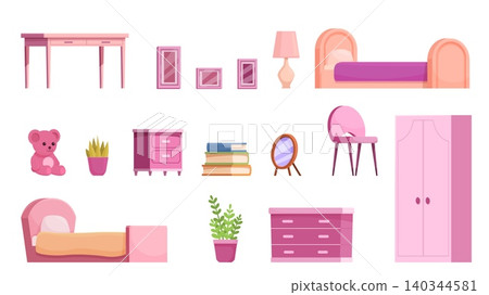 Girl bedroom interior furniture. Study desk, bed, glamour chair and cabinet. Sweet pink little princess room accessories, toys, books, sapid vector clipart 140344581