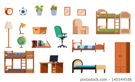 Teenager bedroom furniture. Beds, chair, plants and cabinet. Bookshelf, room accessories, alarm clock. Isolated home design sapid vector pack 140344586