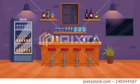 Bar interior design. Wooden pub desk with beer and glasses, cocktail, fridge for drinks and tv on wall. Evening free time place, sport watching, sapid vector scene Bar interior design. Wooden pub desk with beer and glasses, cocktail, fridge for drinks and tv on wall. Evening free time place, sport watching, sapid vector scene 140344587