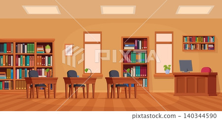 School library interior. Bookcases and bookshelf, desks for study and reading. Cartoon public city place with books for children and adults, sapid vector scene School library interior. Bookcases and bookshelf, desks for study and reading. Cartoon public city place with books for children and adults, sapid vector scene 140344590