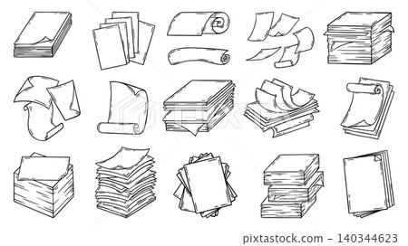 Doodle paper stacks. Clean papers, isolated hand drawn sheets in piles, flying. Management documents, office work, study elements, neoteric vector set Doodle paper stacks. Clean papers, isolated hand drawn sheets in piles, flying. Management documents, office work, study elements, neoteric vector set 140344623