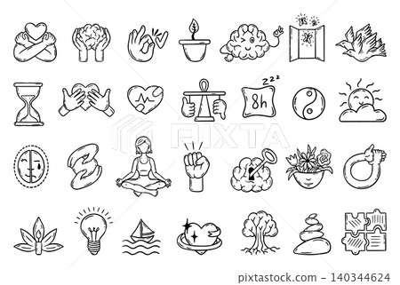 Psychology doodle elements. Mental health and wellbeing, physical comfort, self acceptance. Relaxation and meditation, balance, personal growth neoteric vector icons Psychology doodle elements. Mental health and wellbeing, physical comfort, self acceptance. Relaxation and meditation, balance, personal growth neoteric vector icons 140344624