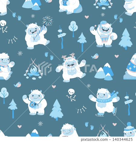 Cartoon yeti seamless pattern. Winter print with funny bigfoot characters, fluffy joyful yeti. Childish style design for fabric, wrapping, nowaday vector background Cartoon yeti seamless pattern. Winter print with funny bigfoot characters, fluffy joyful yeti. Childish style design for fabric, wrapping, nowaday vector background 140344625