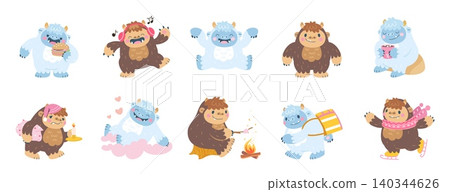 Bigfoot cartoon characters. Cute yeti eating, listen music, delivery man, going sleep. Snowman funny mascots for children, nowaday vector clipart Bigfoot cartoon characters. Cute yeti eating, listen music, delivery man, going sleep. Snowman funny mascots for children, nowaday vector clipart 140344626