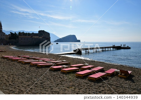 Montenegro, Pudva, Old Town, Old Town Beach, Adriatic Sea, Sandy Beach Montenegro, Pudva, Old Town, Old Town Beach, Adriatic Sea, Sandy Beach 140344939