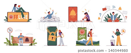 Digital detox and screen fatigue. People disconnecting from smartphones, messaging and social media notifications overload, online stress recovery, nowaday vector cartoon isolated set Digital detox and screen fatigue. People disconnecting from smartphones, messaging and social media notifications overload, online stress recovery, nowaday vector cartoon isolated set 140344980