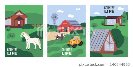 Farm buildings cards. Rural posters, barns, greenhouses, fields and livestock, countryside objects, country elements, landscape background, vertical banner, garish vector cartoon flat set 140344993