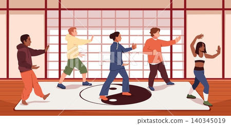People training tai chi in gym. Yang style, participants balance characters, slow movements chinese gymnastics, men and women qigong poses, tidy vector cartoon isolated mindfulness concept People training tai chi in gym. Yang style, participants balance characters, slow movements chinese gymnastics, men and women qigong poses, tidy vector cartoon isolated mindfulness concept 140345019