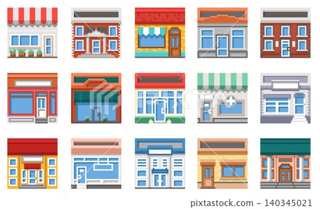 Pixel art city buildings. Old school computer graphic, 8 bit retro games assets, small town houses, facades shops and stores, street architecture qualitative vector cartoon isolated set 140345021