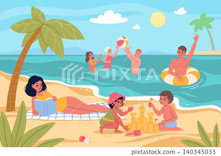 Summer outdoor activities. People on beach vacation, swimming with inflatable ring, palm trees, seashore landscape, sandcastle building, water activities classy vector cartoon flat concept Summer outdoor activities. People on beach vacation, swimming with inflatable ring, palm trees, seashore landscape, sandcastle building, water activities classy vector cartoon flat concept 140345033