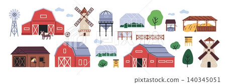 Cartoon farm buildings. Rural domestic outbuildings, village wooden architecture, barn, mill, cattle pen, greenhouse, windmills and greenhouse, decorative design elements garish vector set Cartoon farm buildings. Rural domestic outbuildings, village wooden architecture, barn, mill, cattle pen, greenhouse, windmills and greenhouse, decorative design elements garish vector set 140345051