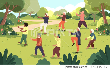 Senior people make tai chi in park. Chinese health improving gymnastics, group qigong practicing, old characters, Outdoor wellness activity for adults, tidy vector cartoon isolated concept Senior people make tai chi in park. Chinese health improving gymnastics, group qigong practicing, old characters, Outdoor wellness activity for adults, tidy vector cartoon isolated concept 140345117