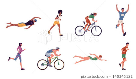 Triathlon people. Sports festival, runners, swimmers and cyclists, male, female athletes characters in uniform in motion, event, competition training, nowaday vector cartoon isolated set Triathlon people. Sports festival, runners, swimmers and cyclists, male, female athletes characters in uniform in motion, event, competition training, nowaday vector cartoon isolated set 140345121