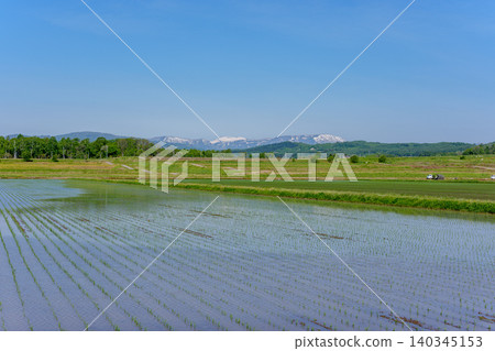 Mount Shokanbetsu and rice paddies after planting: A rural landscape stretching across the Ishikari Plain in Hokkaido. Mount Shokanbetsu and rice paddies after planting: A rural landscape stretching across the Ishikari Plain in Hokkaido. 140345153