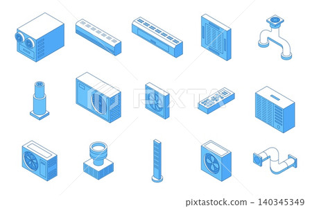 Isometric hvac elements. Different air conditioners, industrial and personal ventilation system equipment. Pipes and fans, modern climate control nifty vector set Isometric hvac elements. Different air conditioners, industrial and personal ventilation system equipment. Pipes and fans, modern climate control nifty vector set 140345349