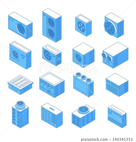 Isometric ventilation equipment. Cooling and warming equipment, industrial ventilation technologies. Climate control systems for fabric, houses, nifty vector set Isometric ventilation equipment. Cooling and warming equipment, industrial ventilation technologies. Climate control systems for fabric, houses, nifty vector set 140345353