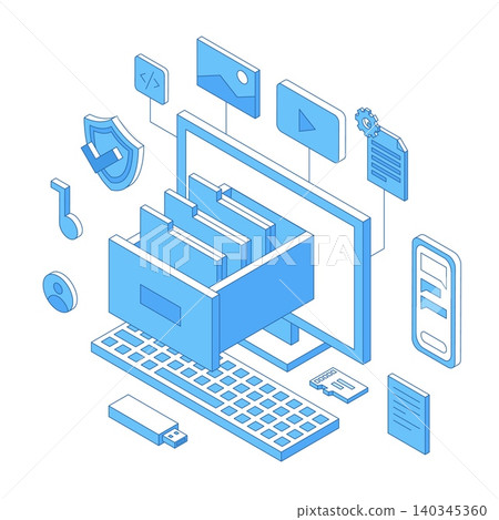 Isometric documents digital storage. Electronic document organization, files database, safety folders and docs, self info, nifty vector scene Isometric documents digital storage. Electronic document organization, files database, safety folders and docs, self info, nifty vector scene 140345360